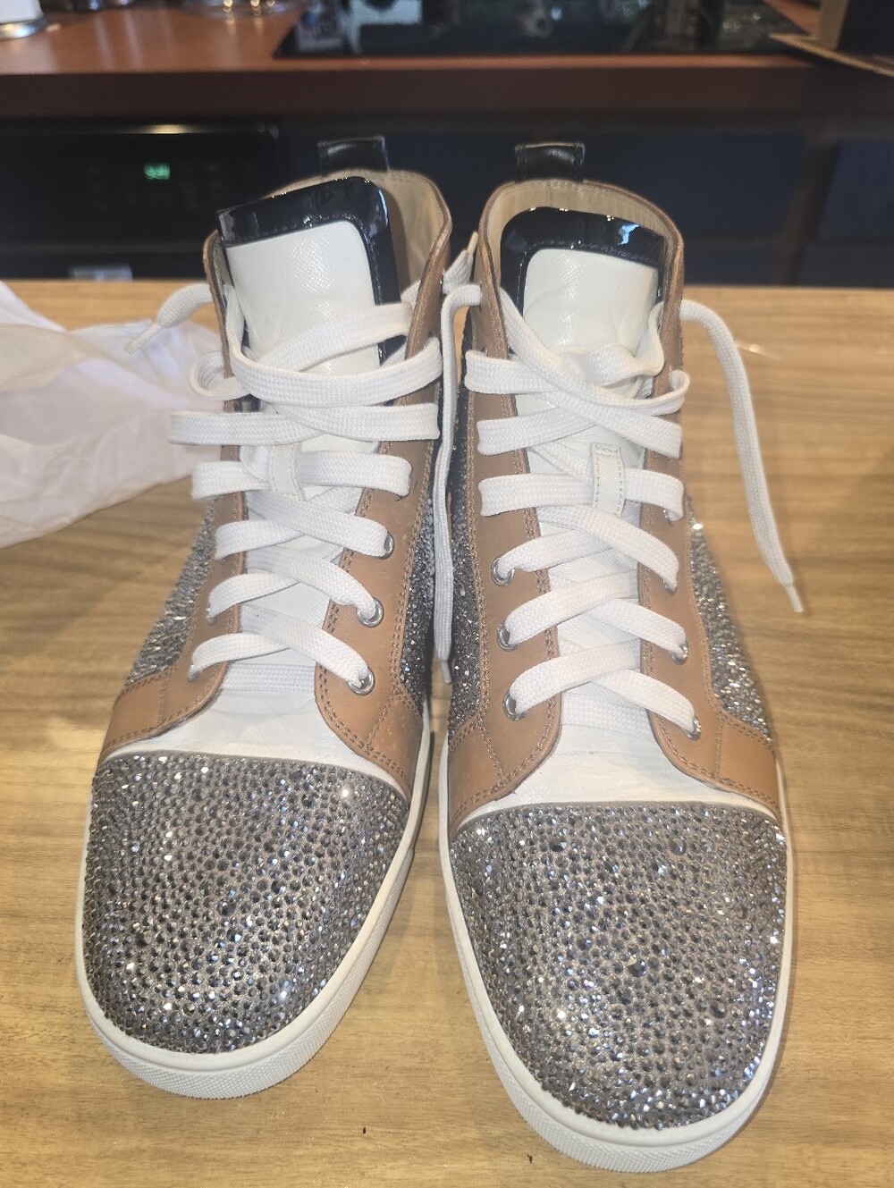 Authintic Men's Christian Louboutin Tan and Silver Crystal High-Top Sneakers